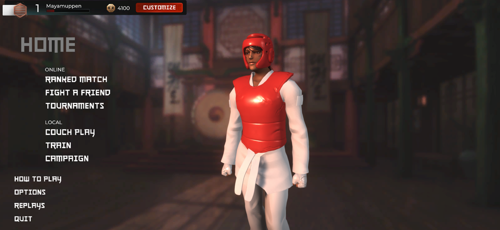 Taekwondo Grand Prix - Menu principal do jogo Taekwondo Grand Prix com um lutador em um protetor de peito vermelho.