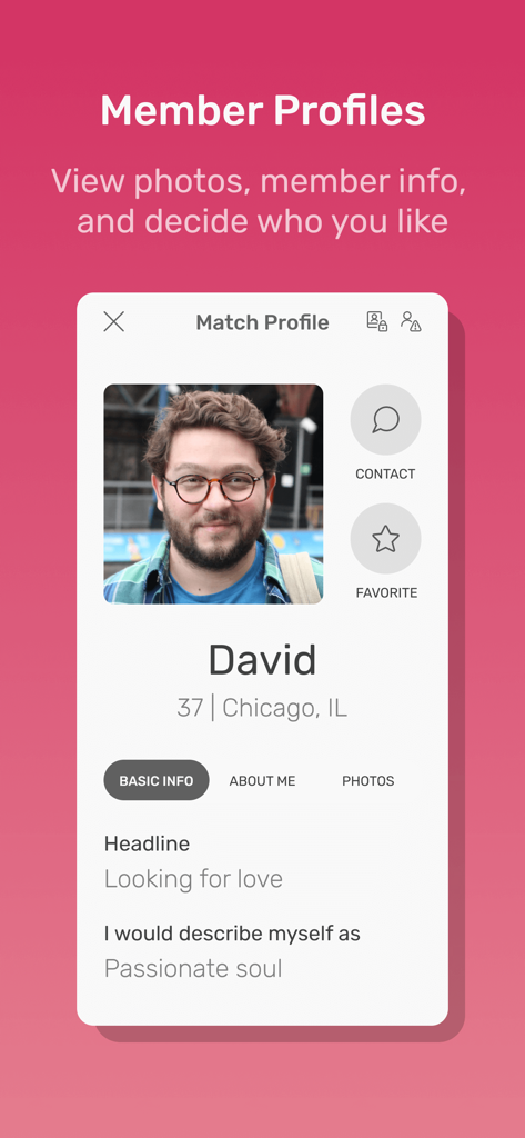 BBW Romance Dating - A member profile view on the BBW Romance app showing a user named David, age 37, from Chicago.