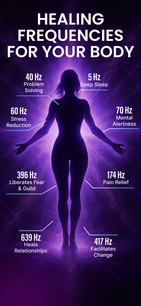 Frequency Generator: HZ - Silueta de una persona con energía púrpura brillante que muestra varias frecuencias curativas y sus beneficios mentales y físicos