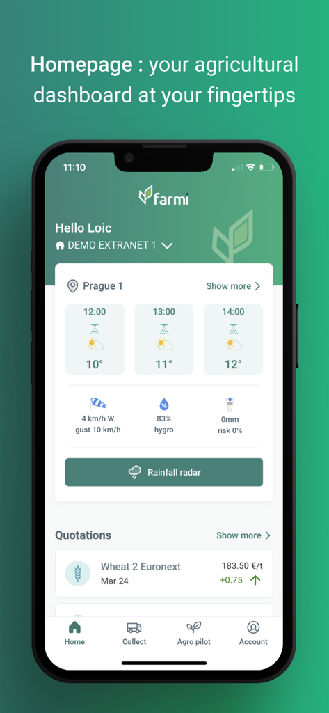 Farmi - Farmi app homepage displaying agricultural weather data and crop market quotations.