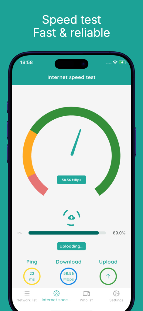 Interfaz de la aplicación Wifi password connect que muestra una prueba de velocidad de Internet en tiempo real con métricas de descarga y carga