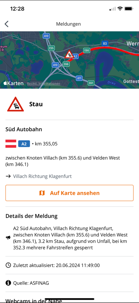 Traffic jam alert on the ASFINAG app for the A2 motorway in Austria