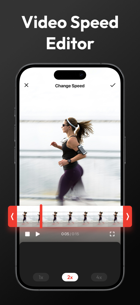 Video Speed Editor,Changer App - 동영상 속도 편집기 앱 인터페이스, 2배속으로 조정 중인 운동 동영상 표시