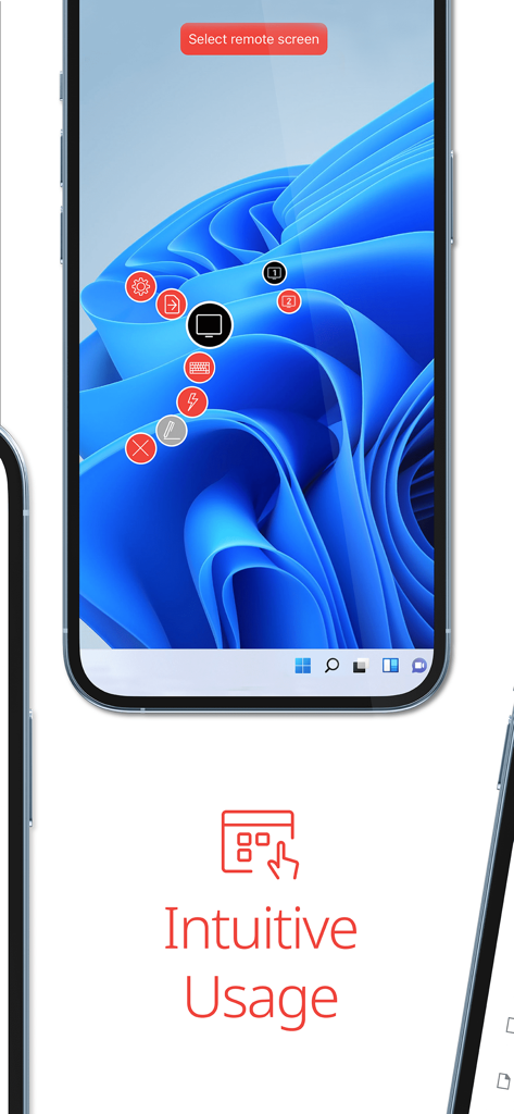 Aplicativo AnyDesk no iPhone mostrando o controle remoto de um computador Windows com opções de menu intuitivas