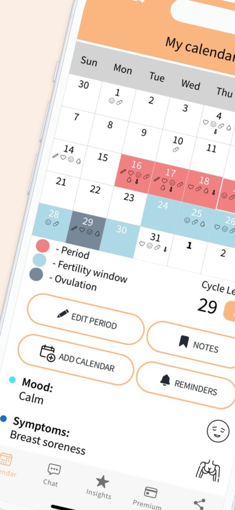 Selin: Your Period Tracker - Selin app menstrual calendar showing period and fertility phases with mood and symptom tracking
