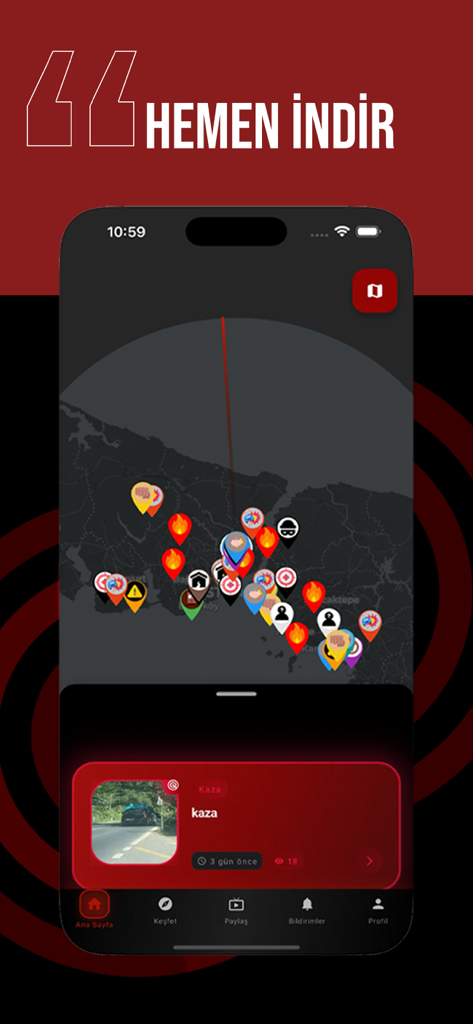 Olay Var - A mobile screen showing the Olay Var app map with real time incident icons for accidents and safety alerts
