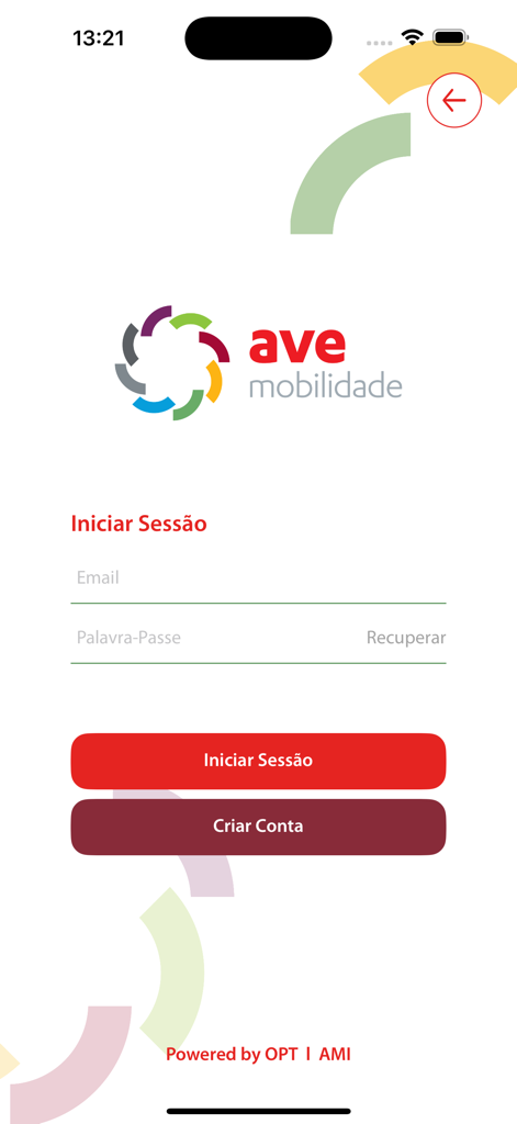 Login screen of the Ave Mobilidade app with email and password input fields and buttons for signing in or creating an account.