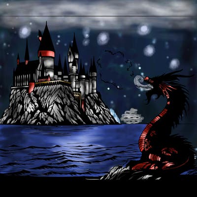 realistic harry potter castle around the ocean with a dragon breathing fire