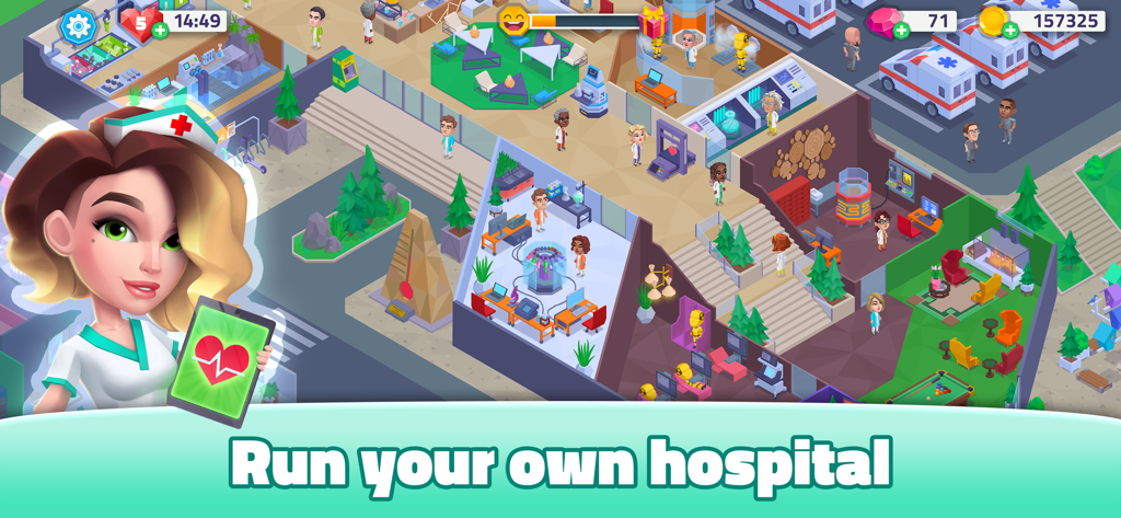 An isometric view of a busy hospital with a nurse character and text saying Run your own hospital