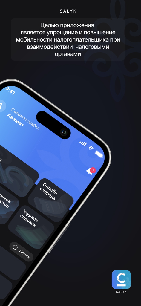 Salyk - Smartphone screen displaying the Salyk tax application for the Kyrgyz Republic