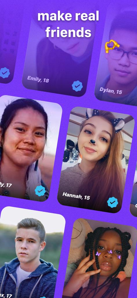 진정한 친구를 만들기 위한 텍스트가 있는 Peeps 소셜 네트워킹 앱의 인증된 십대 프로필 모음입니다.