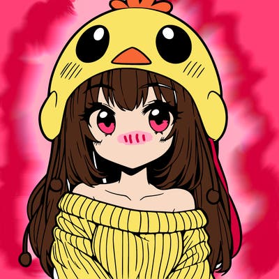 anime girl with chick shaped hat with sweater with bare shoulders with bangs covering them one eye with low tail