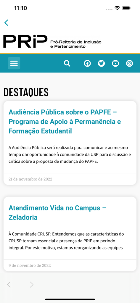Cardápio USP - Highlights section of the Cardapio USP mobile app showing university news and student support services