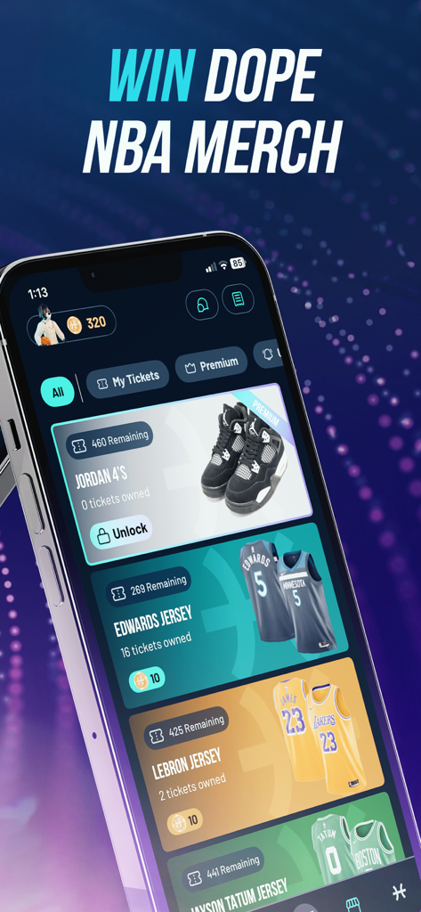 Smartphone showing NBA merchandise prizes in the VOAT app including sneakers and jerseys