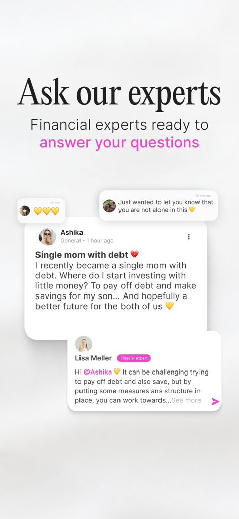 A financial expert responding to a community member's question about debt and investing within the Female Invest app.