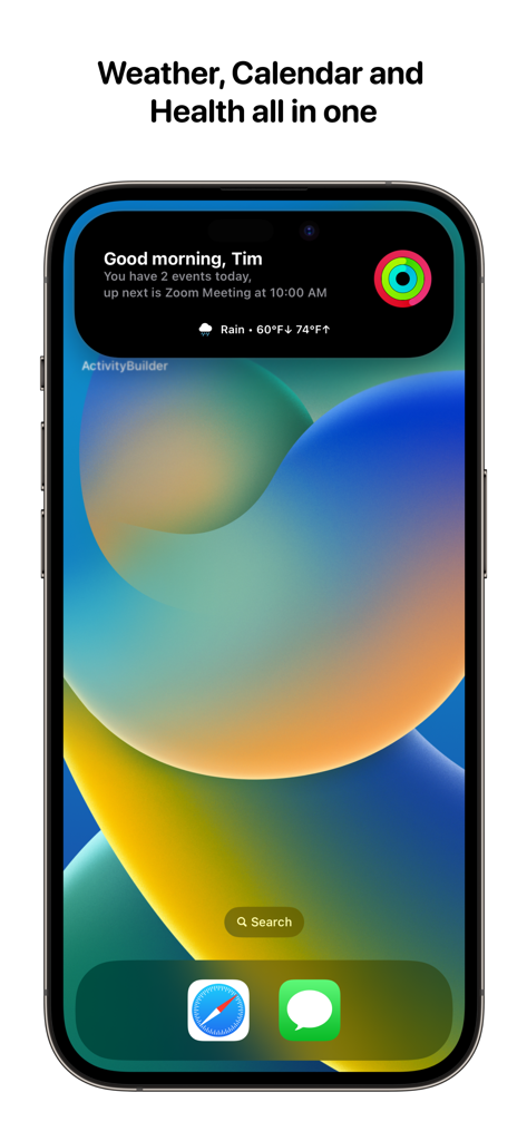 Widgets for Dynamic Island • - iPhone screenshot showing a Dynamic Island widget with weather calendar and health data