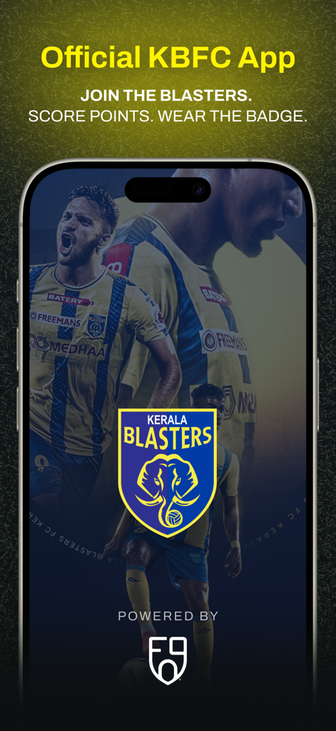 Kerala Blasters FC - L'écran d'accueil de l'application mobile officielle Kerala Blasters FC montrant le logo de l'équipe et le slogan.