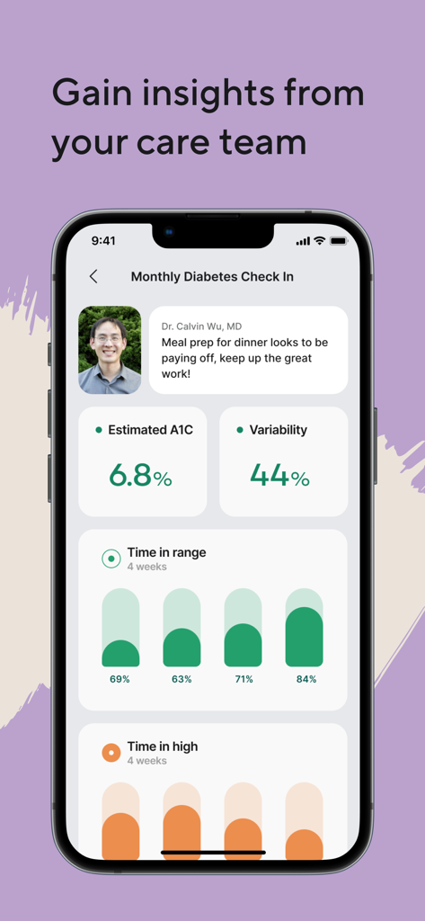 Monthly diabetes check in screen with health data insights and provider feedback