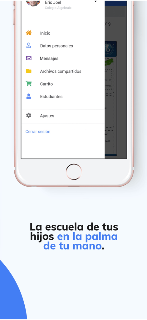 Algebraix - Algebraix mobile app interface showing the school navigation menu for parents and students.