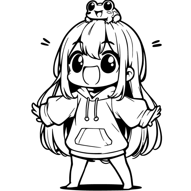 a excited chibi girl whith long hair and a baggy shirt whith a frog on there head