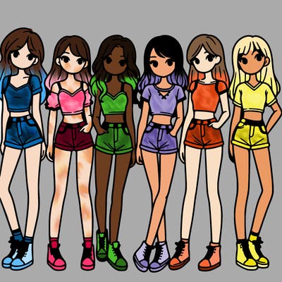 a group of girls wearing crop tops and shorts