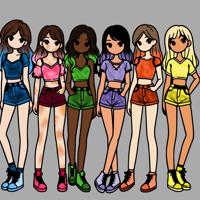 a group of girls wearing crop tops and shorts