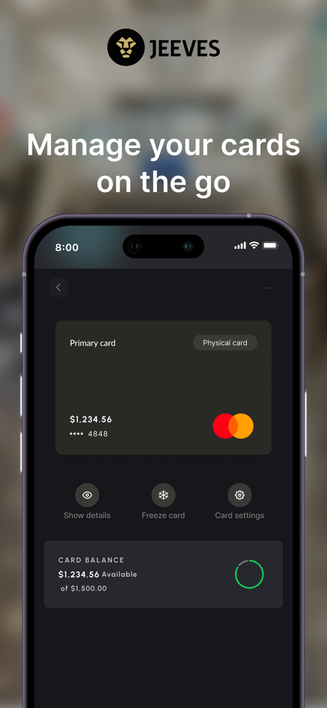 Jeeves Mobile app interface showing corporate card details balance and management features like freezing a card