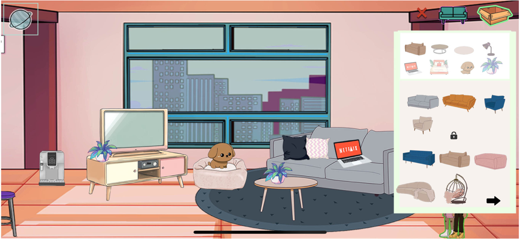 Moon World: Life & Style Sim - Una pantalla de personalización de sala de estar en Moon World que muestra una variedad de opciones de muebles, una laptop sobre un sofá gris y un pequeño perro mascota.