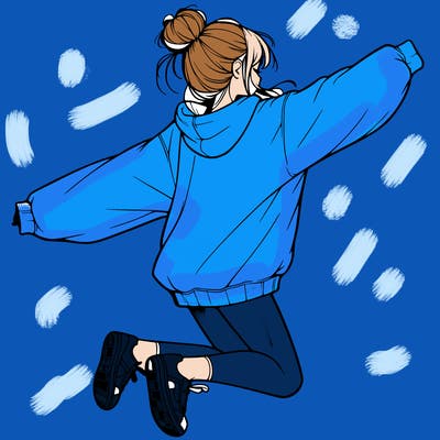 realistic girl jumping with a bun and oversized sweatshirt