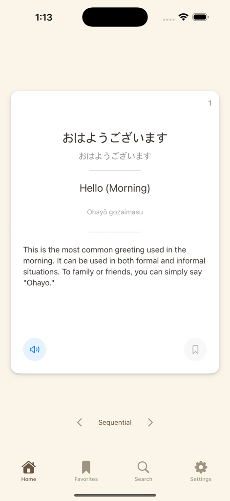 KOTOBA - KAIWA - Mobile app interface of KOTOBA - KAIWA showing a Japanese flashcard for the morning greeting Ohayou Gozaimasu with English translation and context.