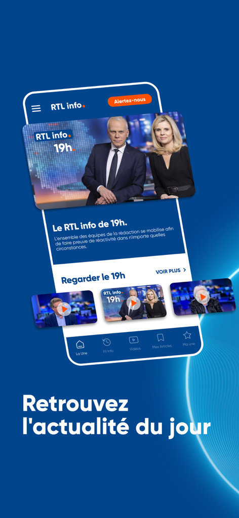 RTL info app interface showing the 19h news broadcast edition with video highlights