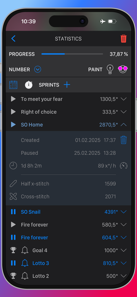 Statistics and sprint tracking screen in the Cross Stitch Saga app showing embroidery progress and stitch counts.