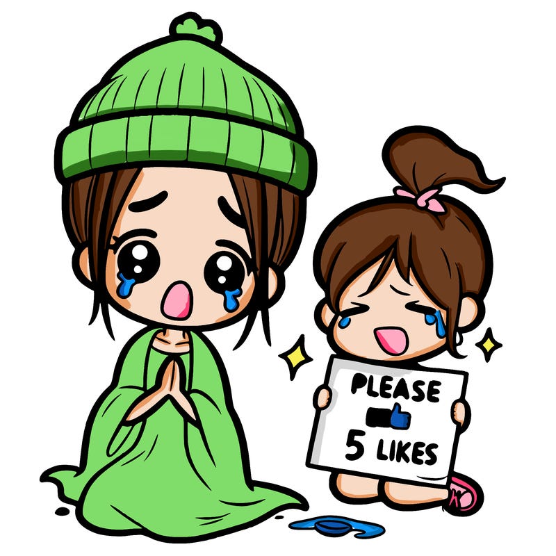 small pooor girl crying with a girl that say pls 5 likes