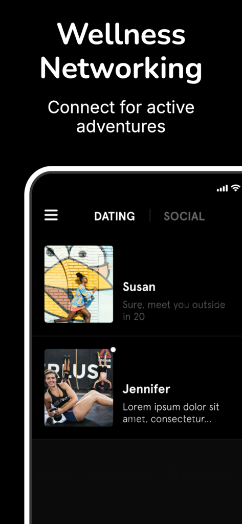 ateam - Tela do aplicativo Ateam para networking de bem-estar e encontros ativos apresentando perfis de usuários focados em fitness