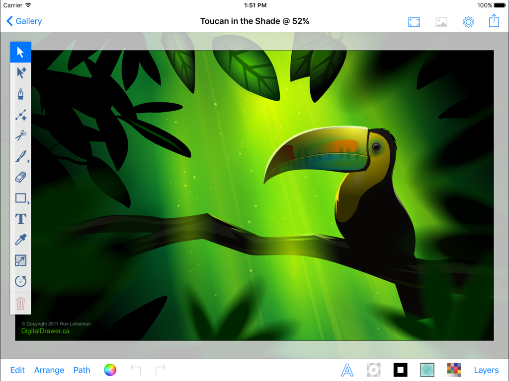 inkPad 2 - Captura de pantalla de la app inkPad 2 mostrando una ilustración vectorial de un tucán con herramientas de diseño en iPad