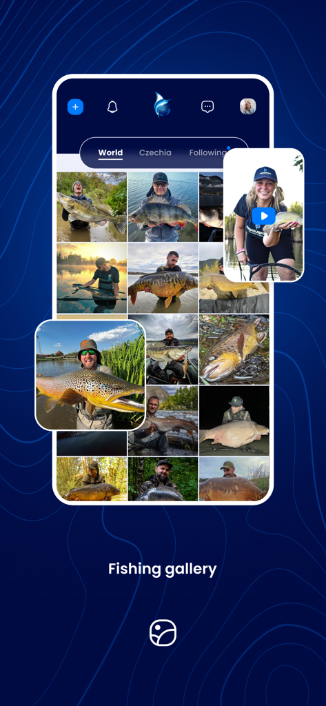 FISHSURFING - FISHSURFING app social feed displaying a grid of photos and videos of anglers showing off their fish catches