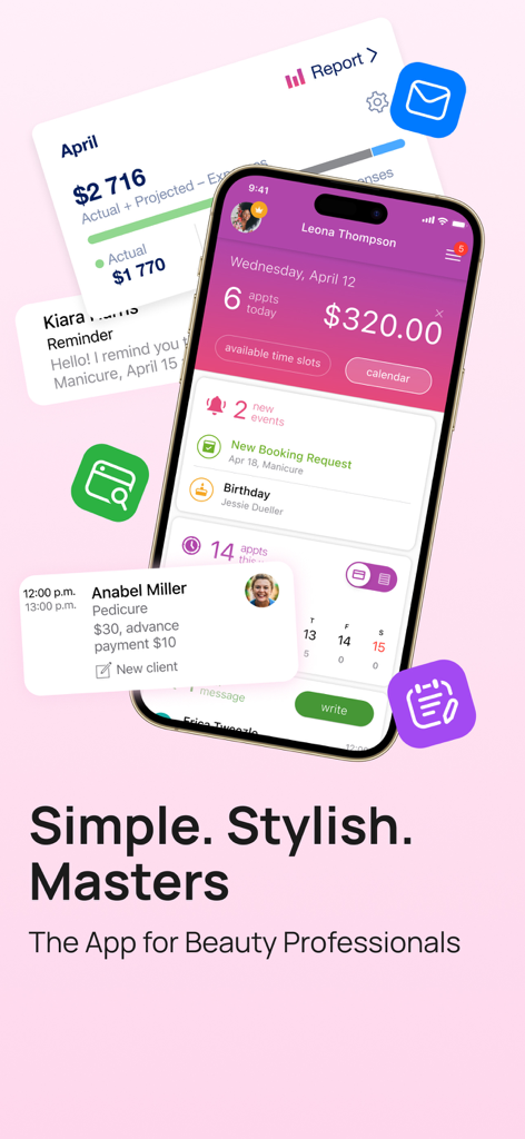 Interface de l'application Masters Pro affichant le tableau de bord des rendez-vous et le suivi financier pour les professionnels de la beauté