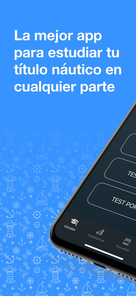 Interfaz de la aplicación móvil Test Patron para la preparación de títulos náuticos, mostrando modos de estudio y estadísticas