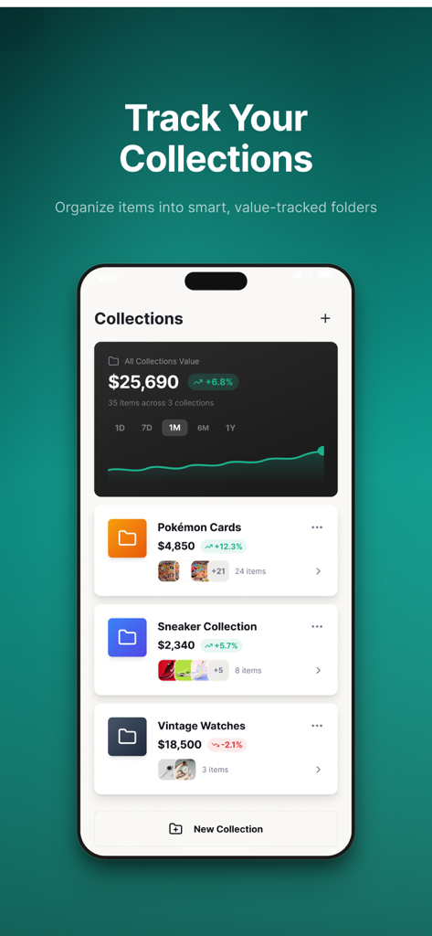 Value Scout - The Value Scout app interface showing organized collections folders for sneakers and vintage watches with their total market value and price trends