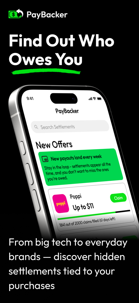 PayBacker: Hidden Payouts - PayBackerアプリのインターフェースが表示されたiPhone。消費者向け支払いの新しい和解オファーを示しています。