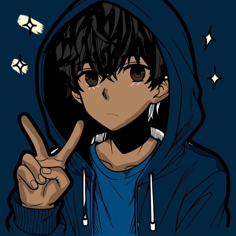 teenage manga boy in a hoodie, doing ✌