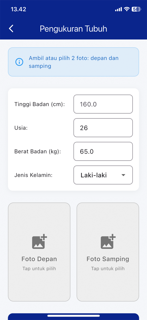 Interface of the MeaSure AI app showing input fields for height, age, and weight with options to upload front and side photos for body measurement.