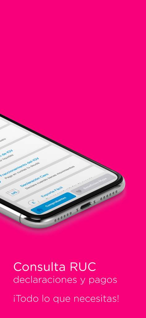 Emprender SUNAT - Smartphone mostrando la interfaz de la aplicación Emprender SUNAT para consulta y pagos de impuestos