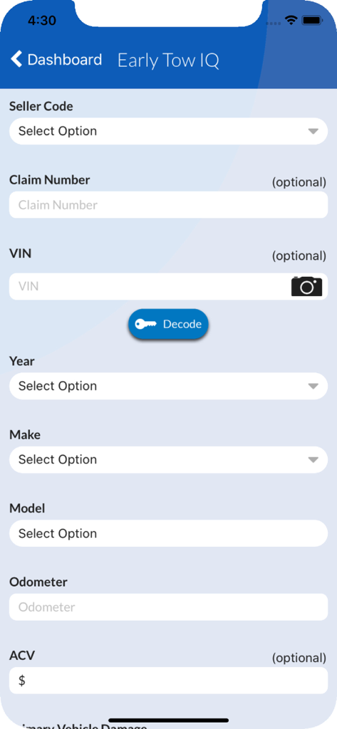 Early Tow IQ screen in the Copart Seller app showing vehicle detail fields and VIN decoding