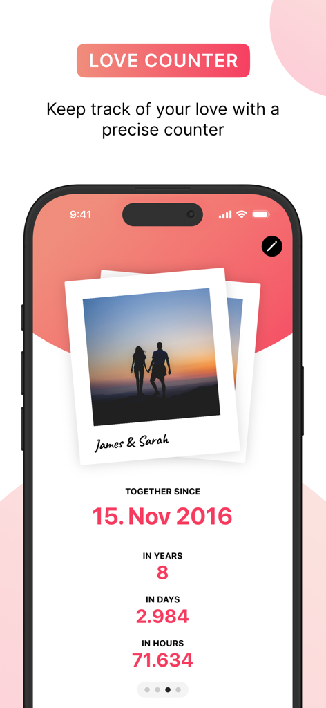 Luvy - Couples & Relationship - Luvy App-Oberfläche, die einen Liebeszähler mit der Anzahl der Jahre, Tage und Stunden anzeigt, die ein Paar zusammen ist.