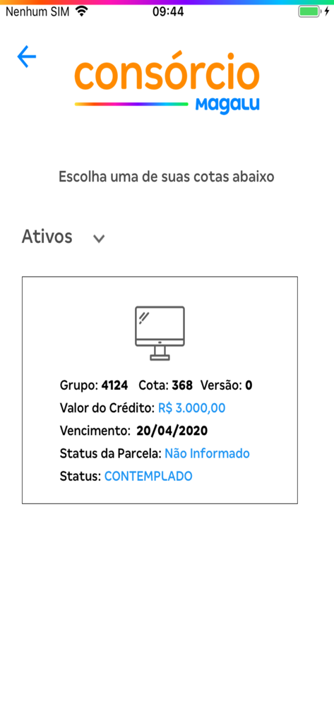 Interface do aplicativo Consórcio Magalu mostrando uma lista de cotas ativas e detalhes de crédito específicos para uma conta selecionada.