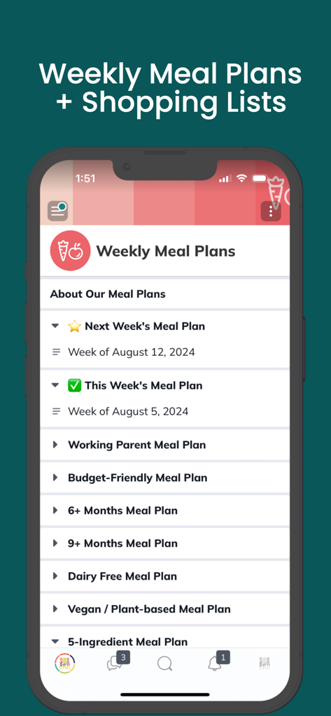 Interface de l'application 101 avant un an affichant une liste de plans de repas hebdomadaires incluant des options économiques, sans produits laitiers et végétaliennes