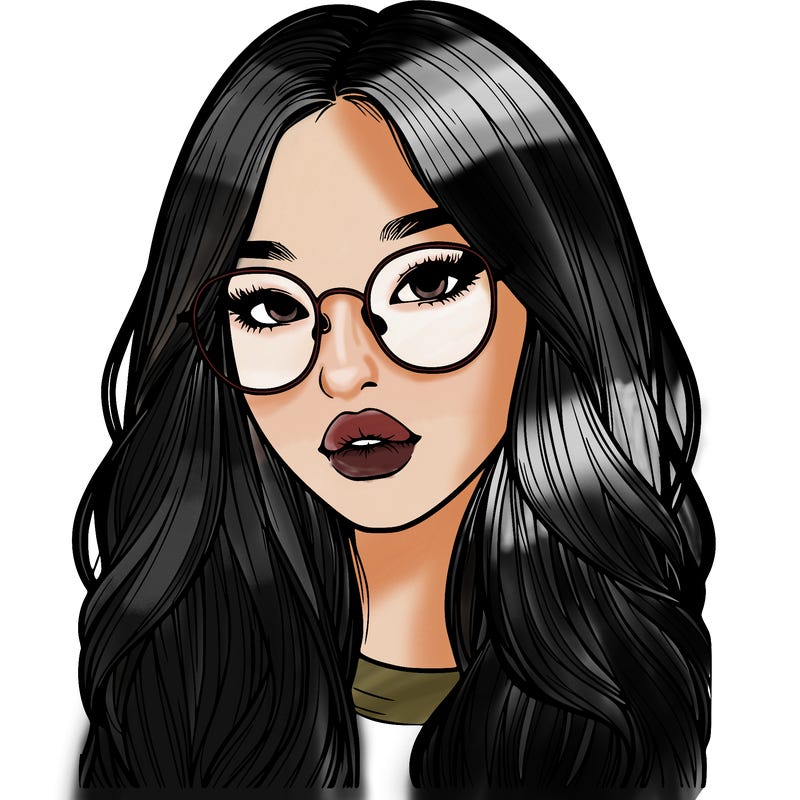 realistic korean girl with long hair, glasses and big lips