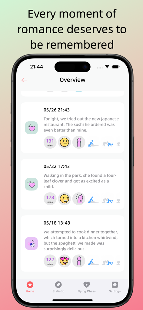 YunYu 앱의 디지털 일기 화면으로 커플의 로맨틱한 순간과 건강 지표를 추적합니다.