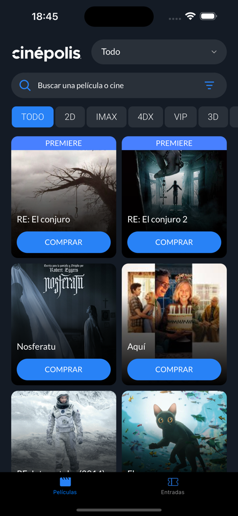 A movie selection screen in the Cinepolis Guatemala app showing movie posters and purchase buttons